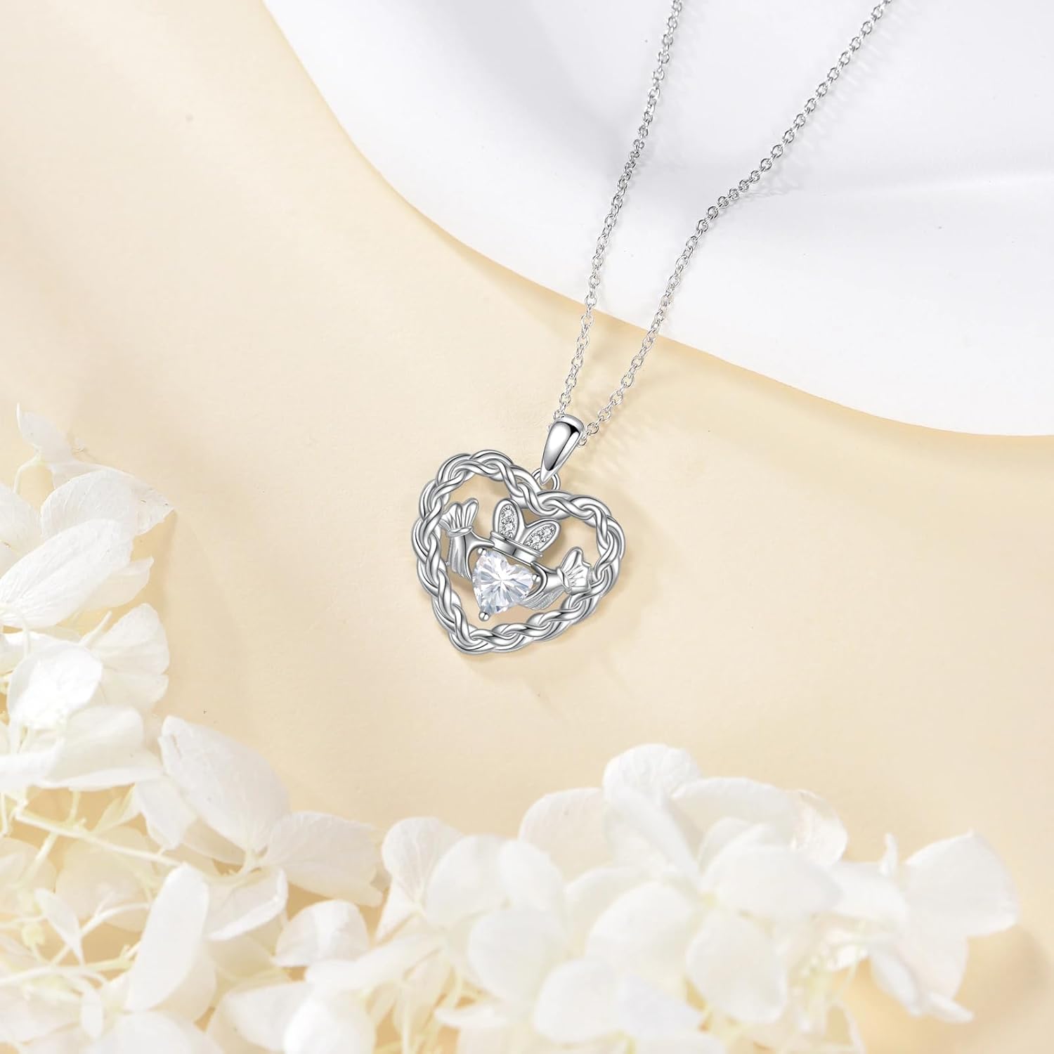 Birthstone Claddagh Heart Necklace 925 Sterling Silver Heart Celtic Knot Claddagh Necklace Pendant Irish Jewelry Gifts for Women Mom Wife Sister Christmas Birthday,18+2 inch - Image 3