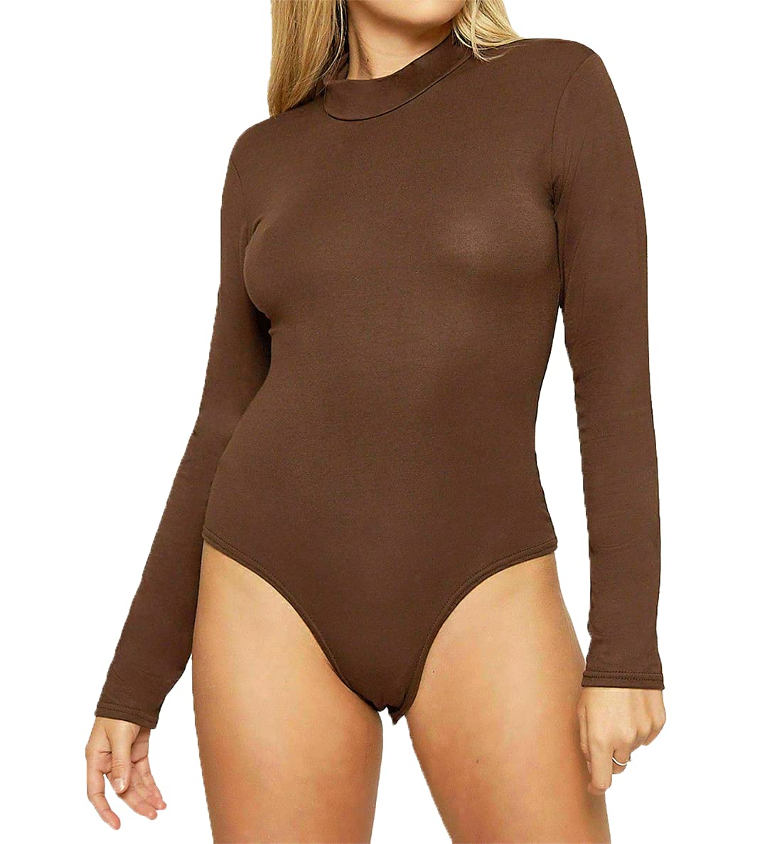 Fairy Trendz Ltd Women's Brown Plain Polo Neck Bodysuit High Turtle Neck Long Sleeve Leotard Top Uk 8-14 ( Uk 12-14)