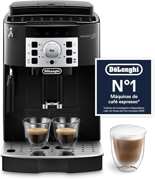 Vista frontal de la cafetera De'Longhi Magnifica S ECAM22.110.B con su panel de control y vaporizador manual.