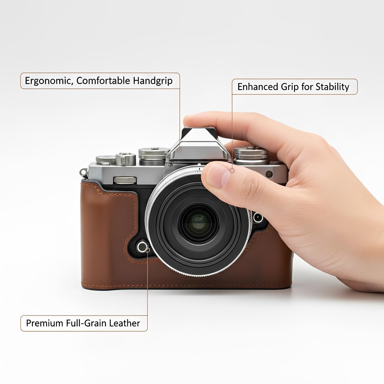 Półetui na aparat kompatybilne z Nikon Z fc osłona ochronna z prawdziwej skóry z dolnym otworem, uchwyt na rękę, łatwy dostęp do baterii, Kawa, pokrowiec ochronny na aparat