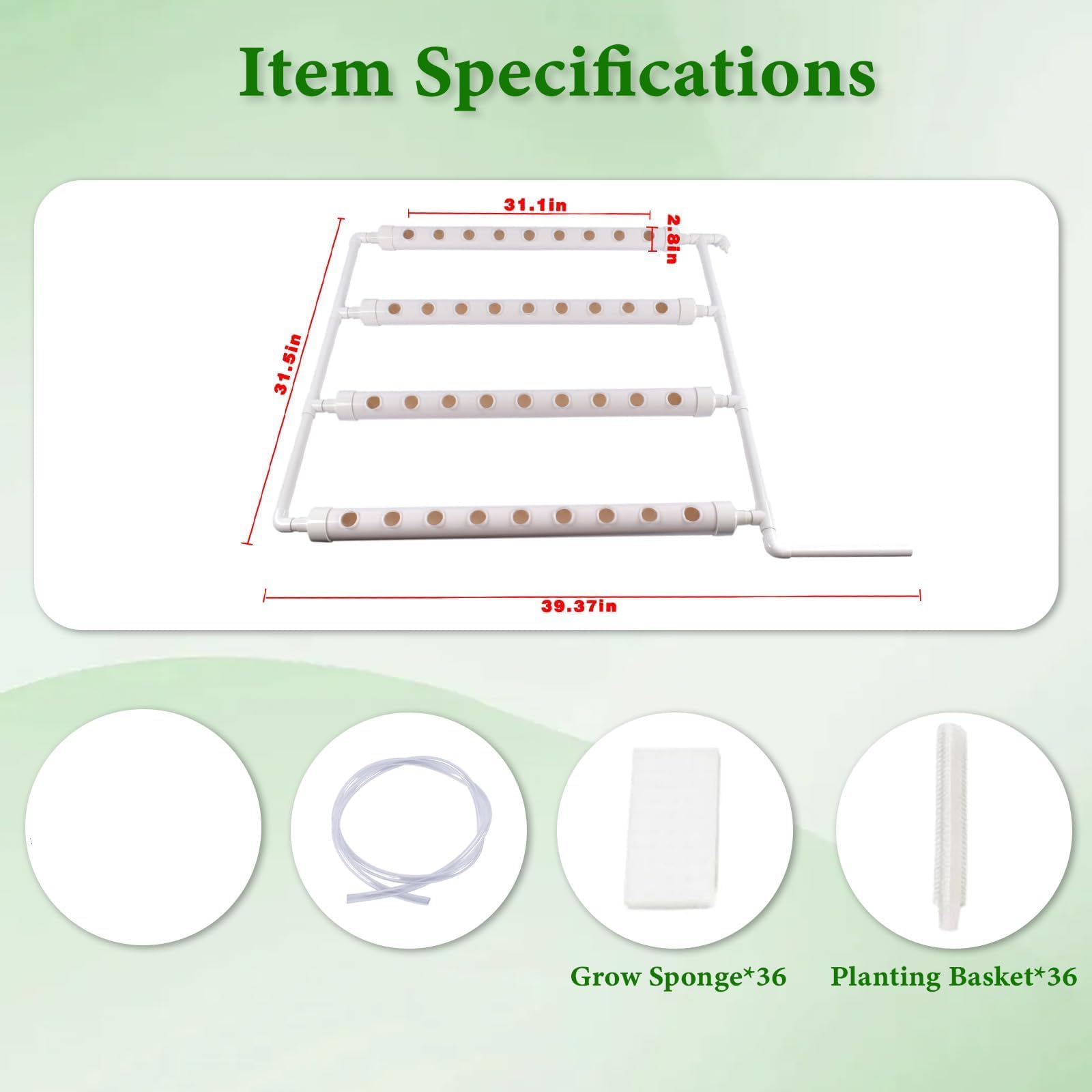 Kit de cultivo hidropónico, sistema montado en la pared con 36 sitios de plantas, tuberías de grado alimenticio, bomba de agua, temporizador, cesta nido y esponja para verduras de hoja