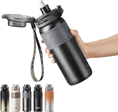 Miniatura 8 de TKK Botella de agua aislada de 30 oz con popote, termo de acero inoxidable de doble pared al vacío con correa, reutilizable de metal para bebidas