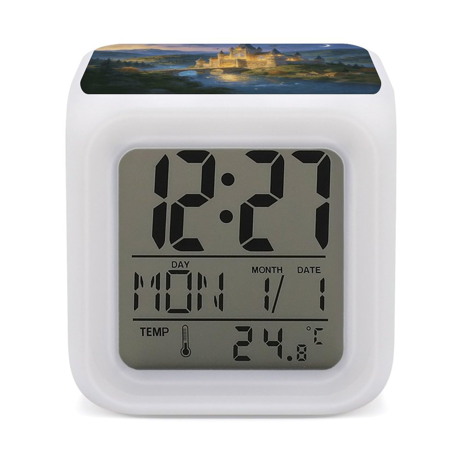 LZQPOEAS Fantasy Castle Alarm Clock with 7 Color Changing Nightlight for Bedroom Calendar Temperature Display Wake Up Digital Clock Small Desk Clocks for Heavy Sleepers Adults