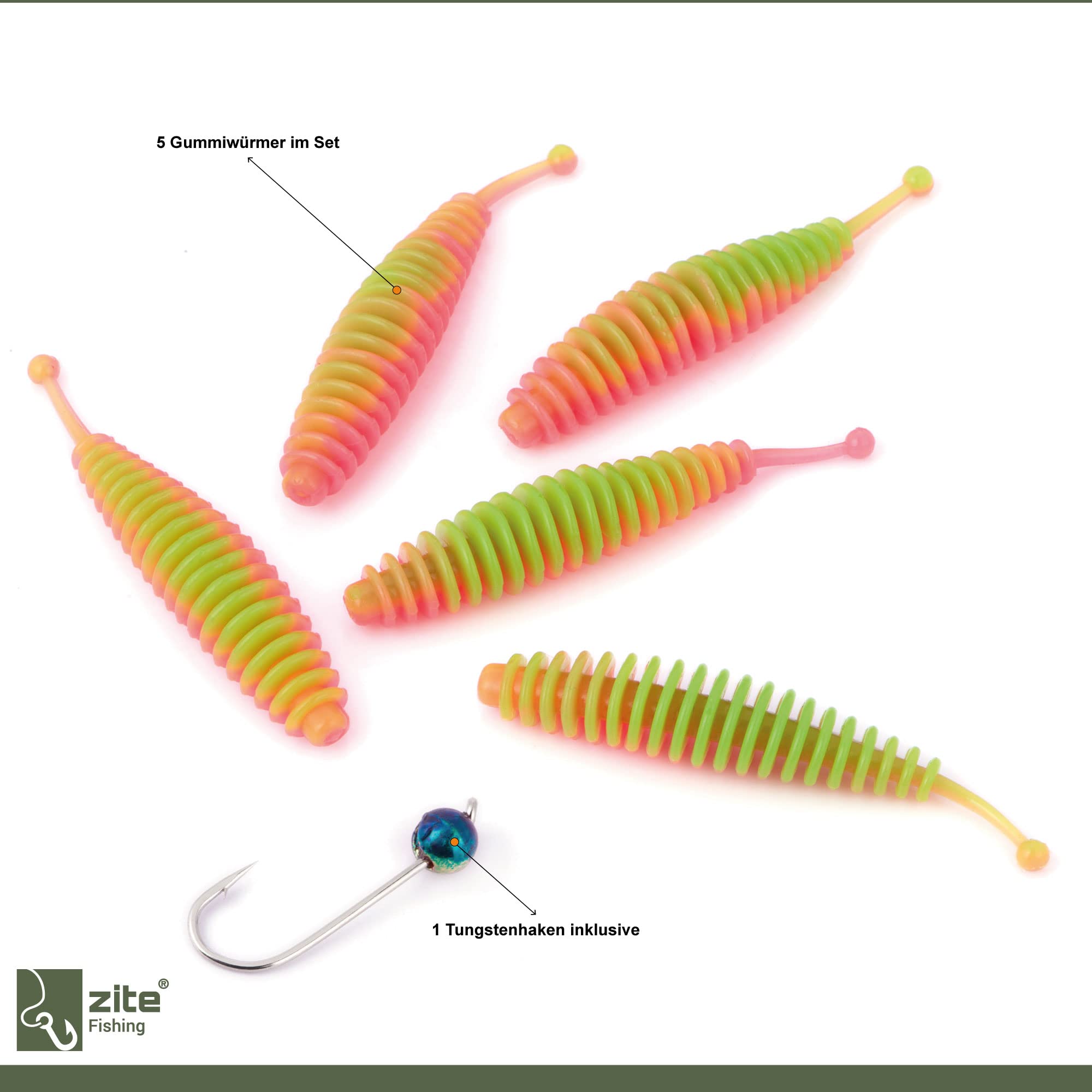 Zite Fishing Forellenköder Set - 5 Gummiwürmer + Tungsten-Jighaken