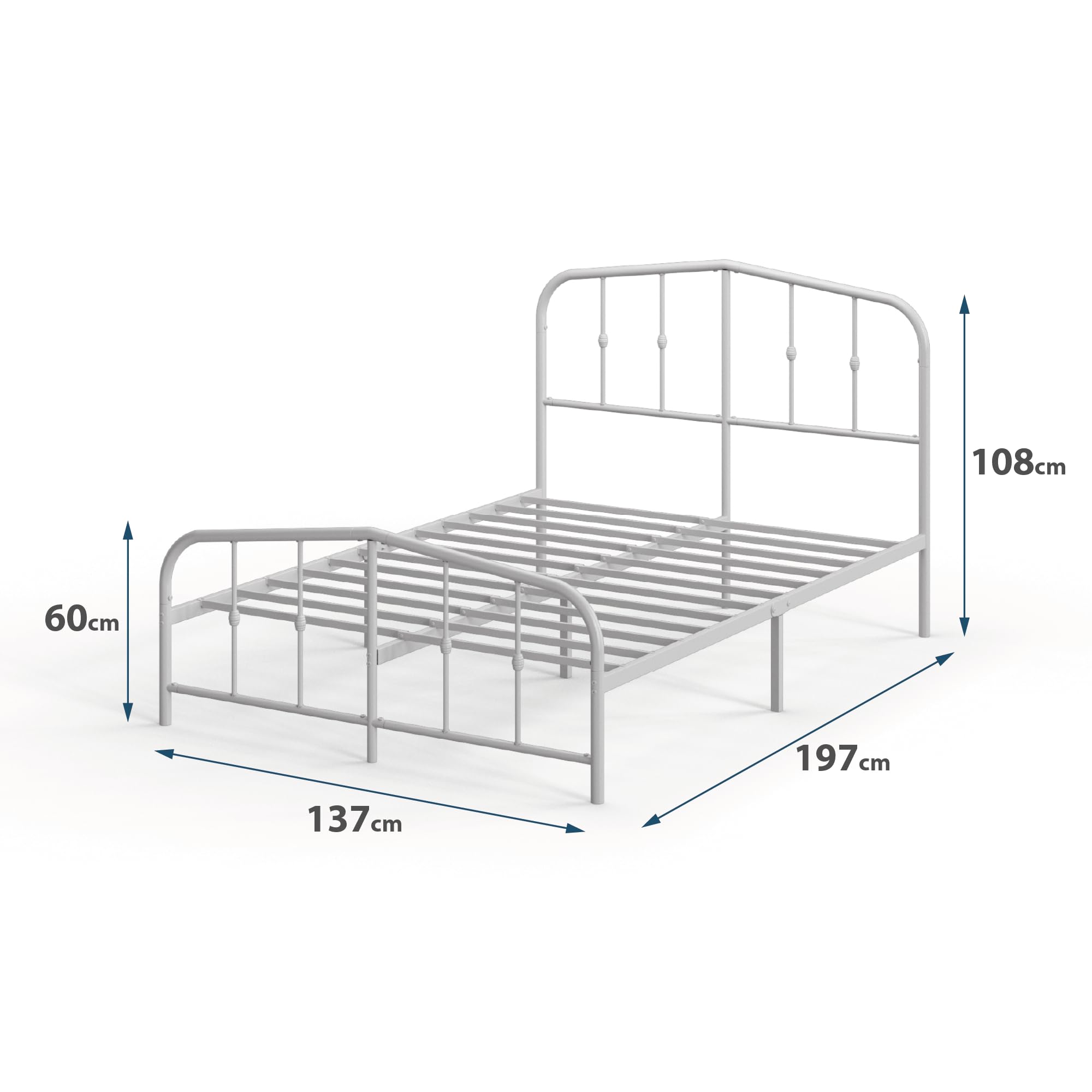 Zinus Heidi cama 135 x 190 cm - 31 cm de altura - Marco de Cama de Metal con Cabecero y Piecero - Cama matrimonial - Blanco