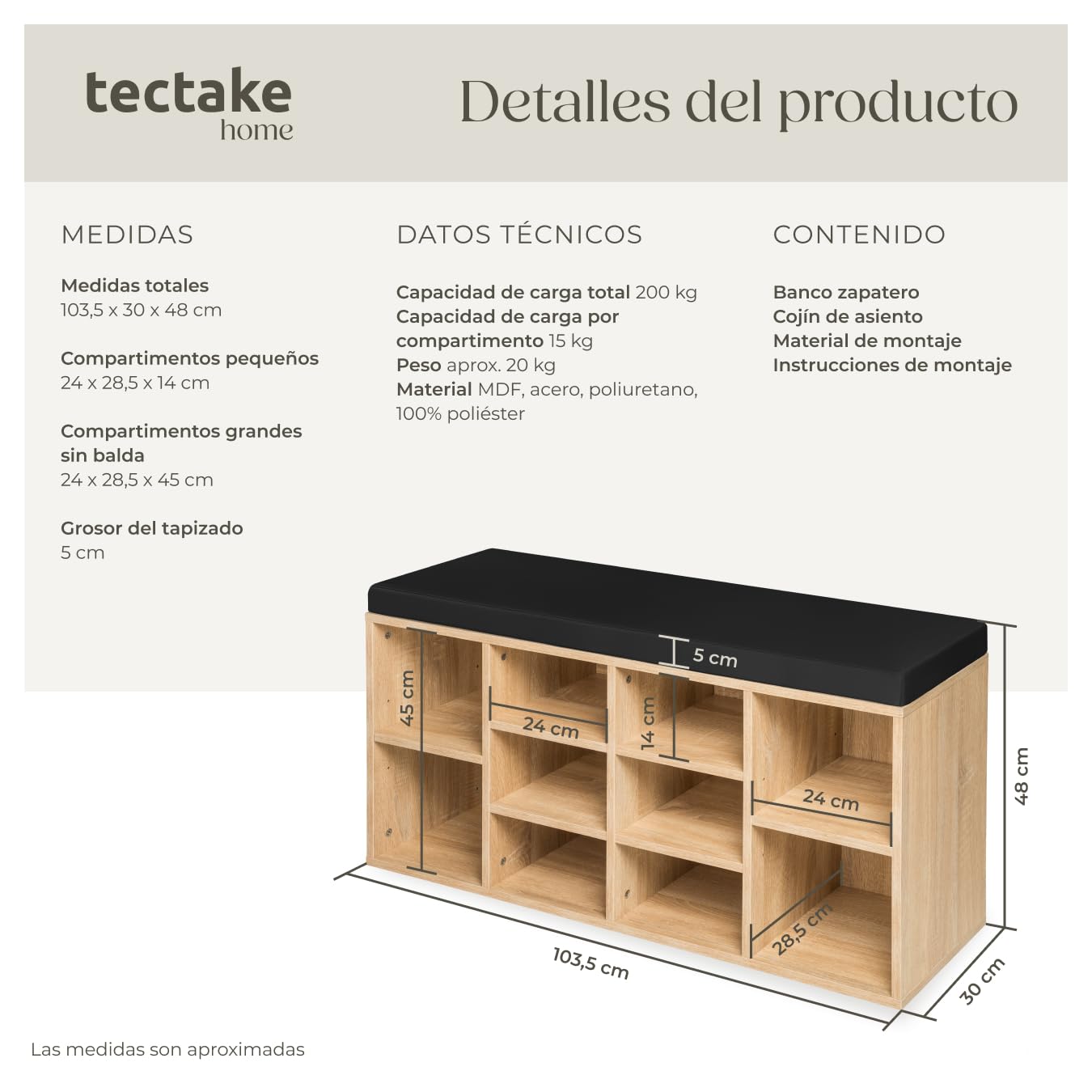 tectake® Zapatero Madera con cojín extraíble, estanteria Zapatero Ajustable, Mueble Entrada recibidor, Organizador Zapatos, Banco Madera para Guardar Zapatos - Negro/Roble Claro