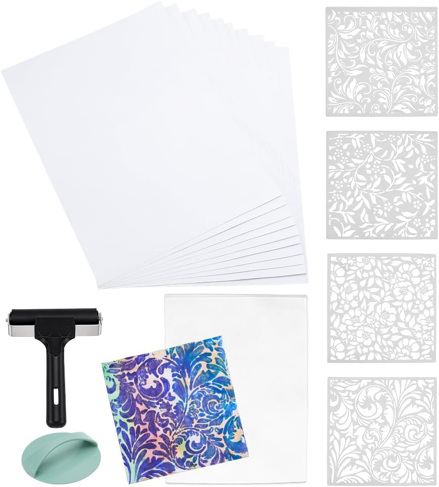 PH PandaHall Gel Printing Plate Kit 7.8x10 inch Gel Plate with Press Rubber Brayer Stencils Printing Paper for Artists Monoprinting Crafts Paints Card Making Scrapbooking Journaling