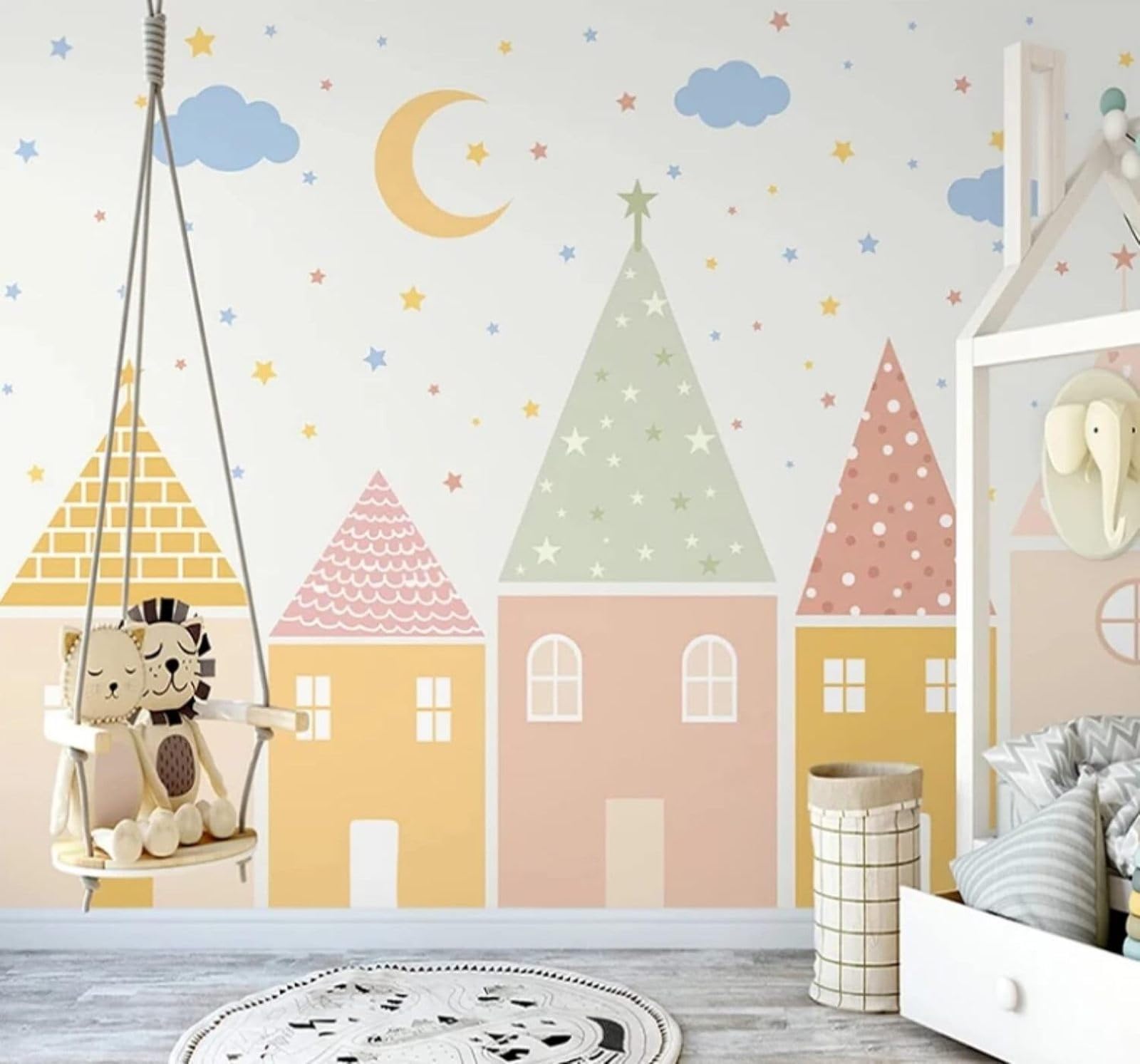 XLMING Hand Drawn Stars Moon Cartoon Houses 3D Wallpaper Luxury Silk Study Dining Feature Sofa Grey Bedroom Living Room Tv Decorative Wall-430cm×300cm