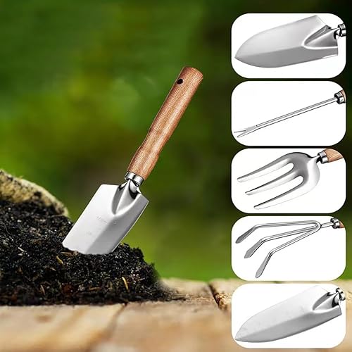 Miniatura 4 de Juego de herramientas de jardín, herramientas manuales de acero inoxidable de 5 piezas con asas de madera