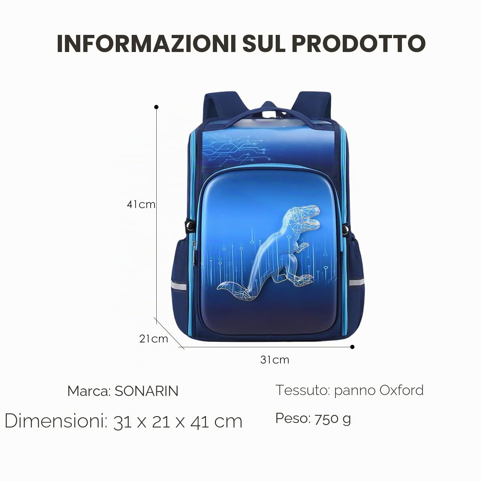 SONARIN Ergonomico Zaino Scuola Elementare,Grande Capacità Zaino per Bambini Leggera Zaino per Studenti Durevole Borsa da Scuola Ragazzi Ragazze Zaino per la Scuola Zainetti Bambini(Dinosauro Blu)