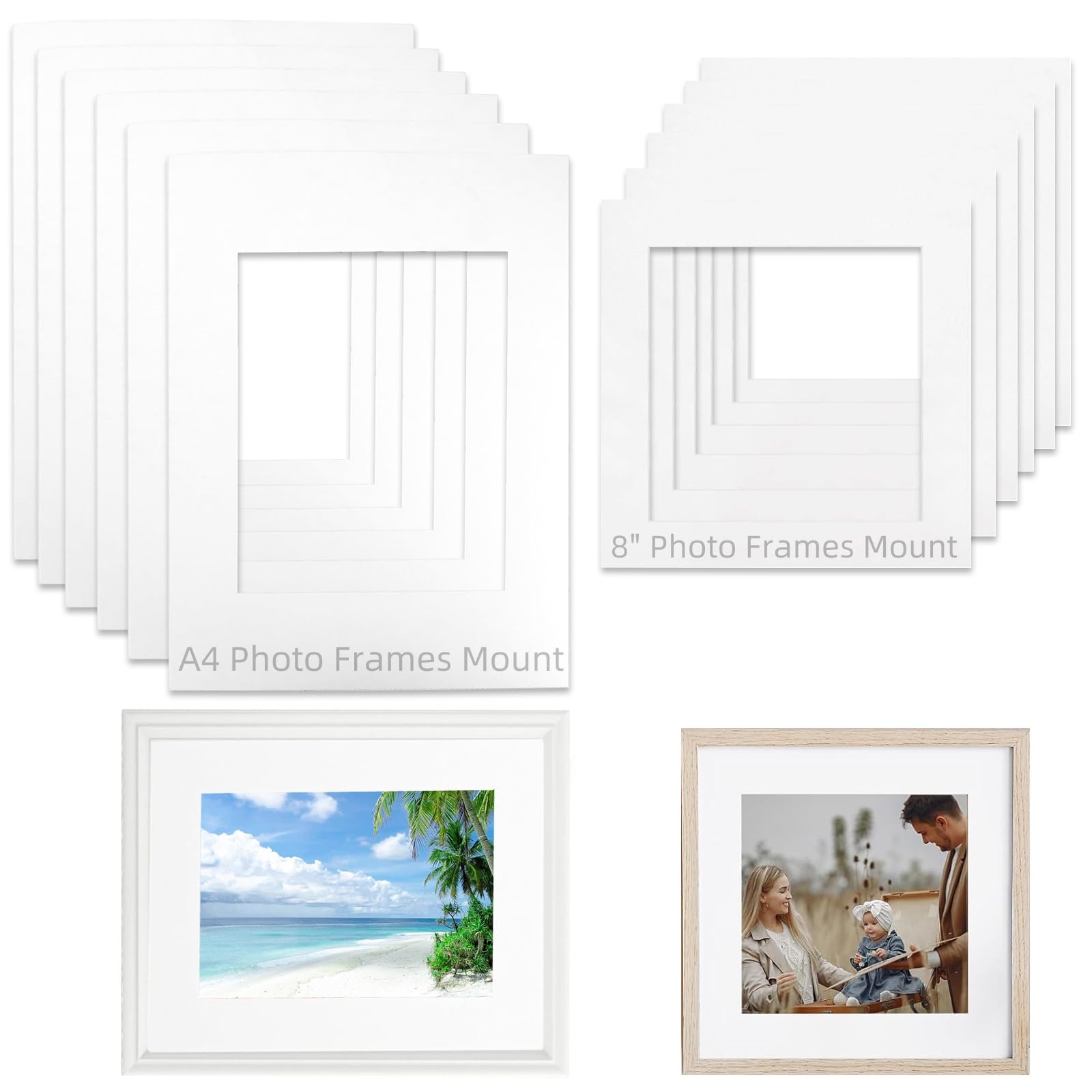 12 Pezzi Passepartout in Cartone Bianco Senza Acidi Set, A4 Cornice Tappetino Supporti Pretagliato Rettangolari, Passepartout Quadrati con Taglio Smussato per Foto Quadri 19.1x14/14.1x14.1cm