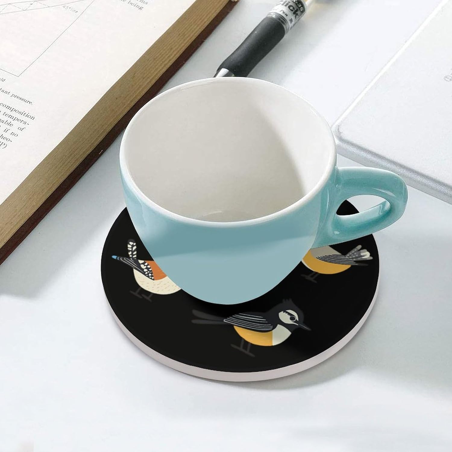 Cute Birds Funny Round Ceramic Coasters for Drink Absorbent Cup Holders Tabletop Protection