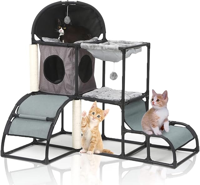 Cat Tree Cat Tower for Indoor Cats, 106cm Multi-Level Cat Condo with Hammock & Scratching Posts for Kittens (Grey)