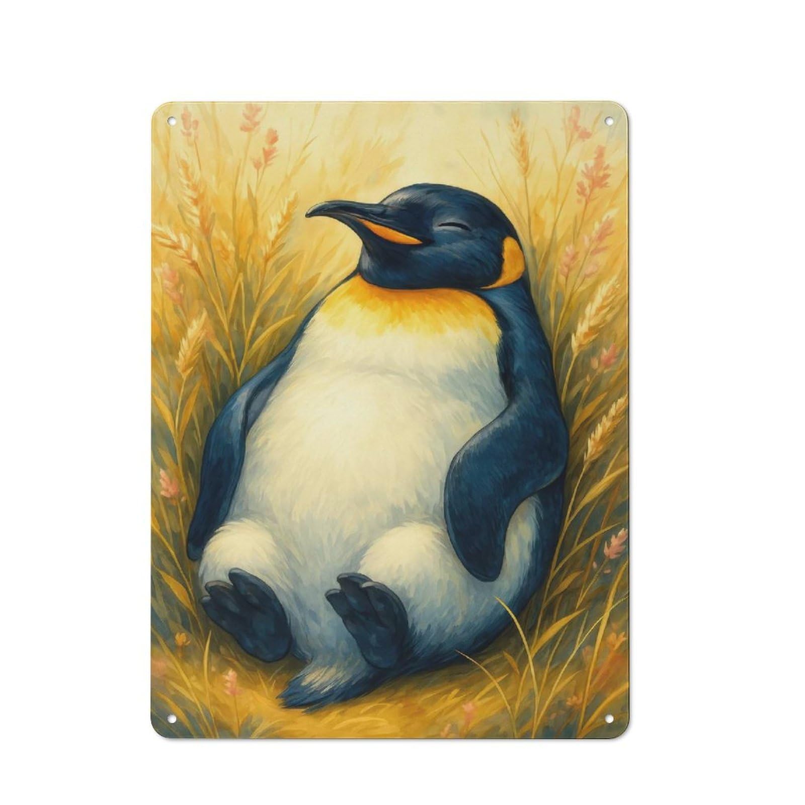 Junmoney Style-17 Cafe Style Decorative Metal Plaque 40X30cm Featuring Relaxing Penguin In Golden Field, Bistro Wall Plaque For Tea Room, Shop Wall Or Breakfast Area