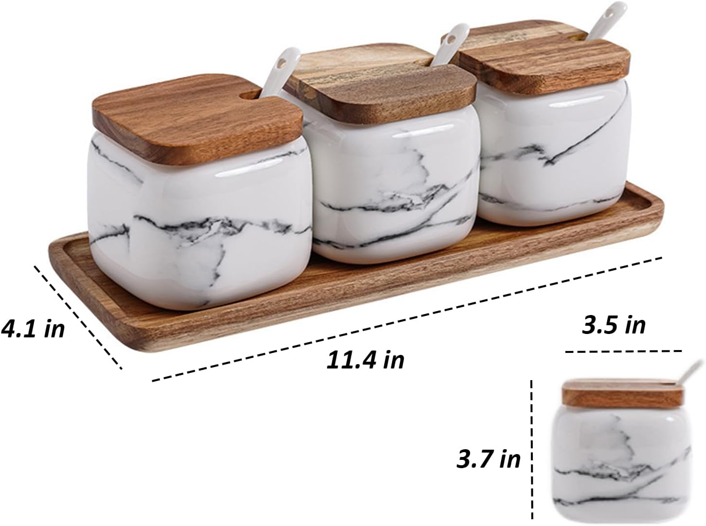 Ceramic Salt and Sugar Container Set with Wooden Tray, 3pcs Porcelain Seasoning Jars with Lids and Spoons, Condiment Pot Pepper Spice Storage Canister for Home Kitchen Counter
