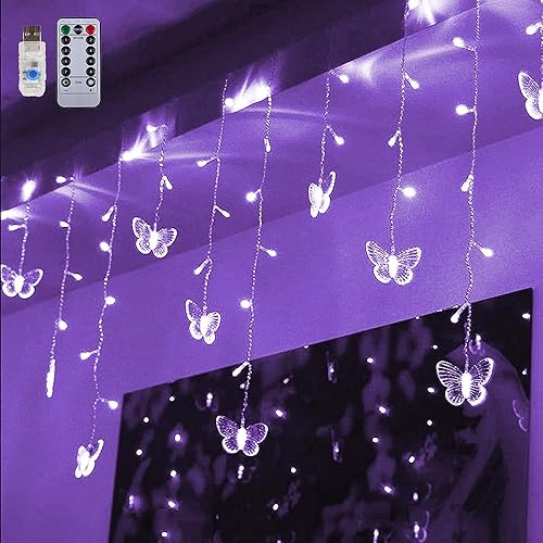 GONIMY Cortina de luces de mariposa de 60 luces LED de 13.1 pies alimentadas por USB, 8 modos de control remoto, impermeables, luces parpadeantes