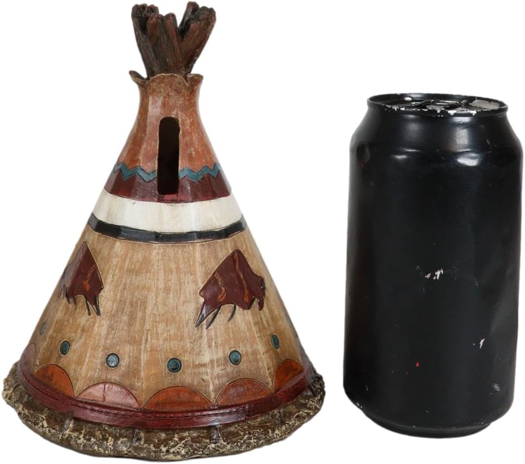 Ebros Gift Rustic Western Tribal Native Indian Teepee Hut with Charging Bison Motif Money Coin Savings Piggy Bank Decorative Figurine Accent