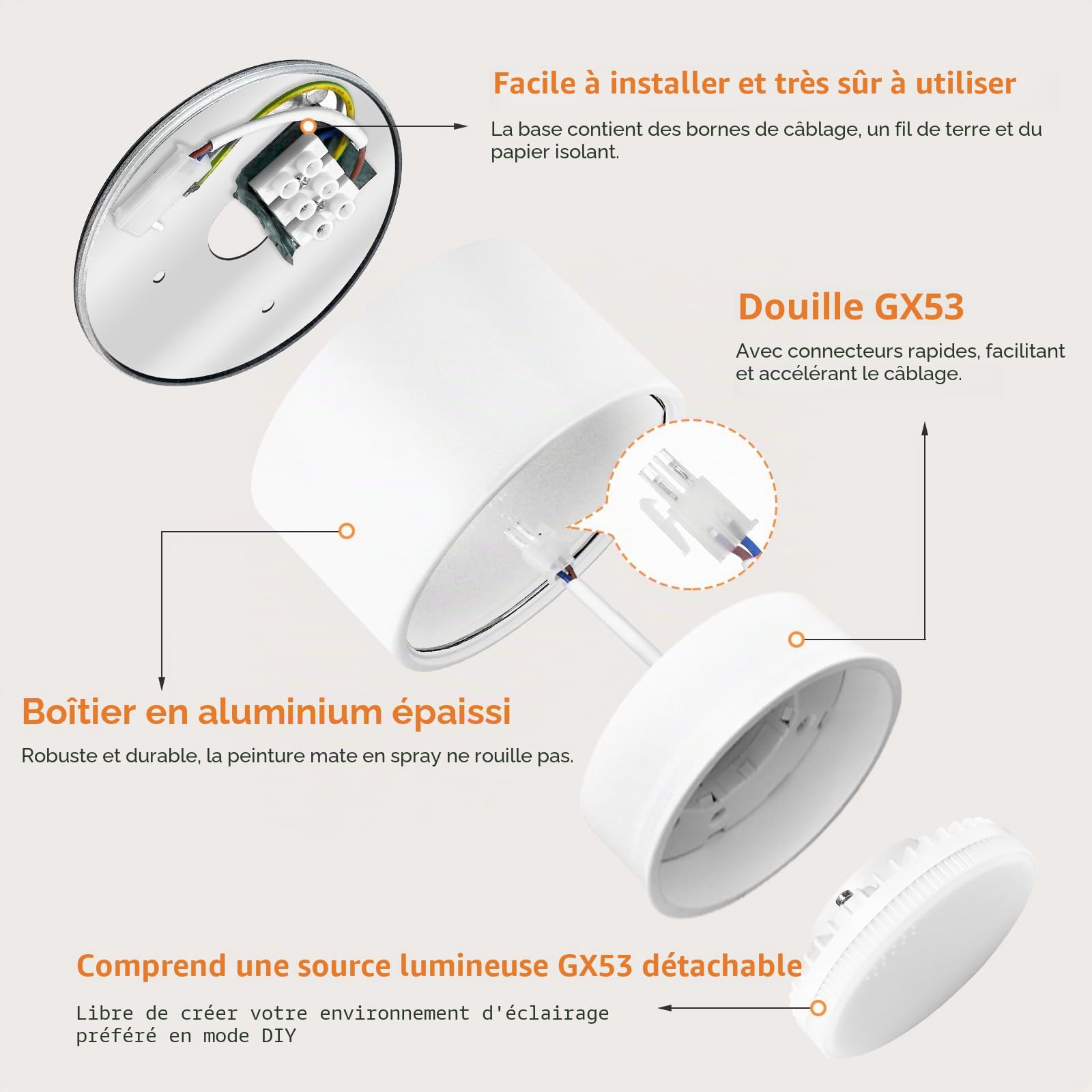 GeyouLux Lot de 4 Plafonnier Blanc IP44 en Saillie, Spot Led GX53 Remplaçable 6W 680LM 4000K Lumière Naturelle, Aluminium Ø95x55mm pour Cuisine Chambre Salon