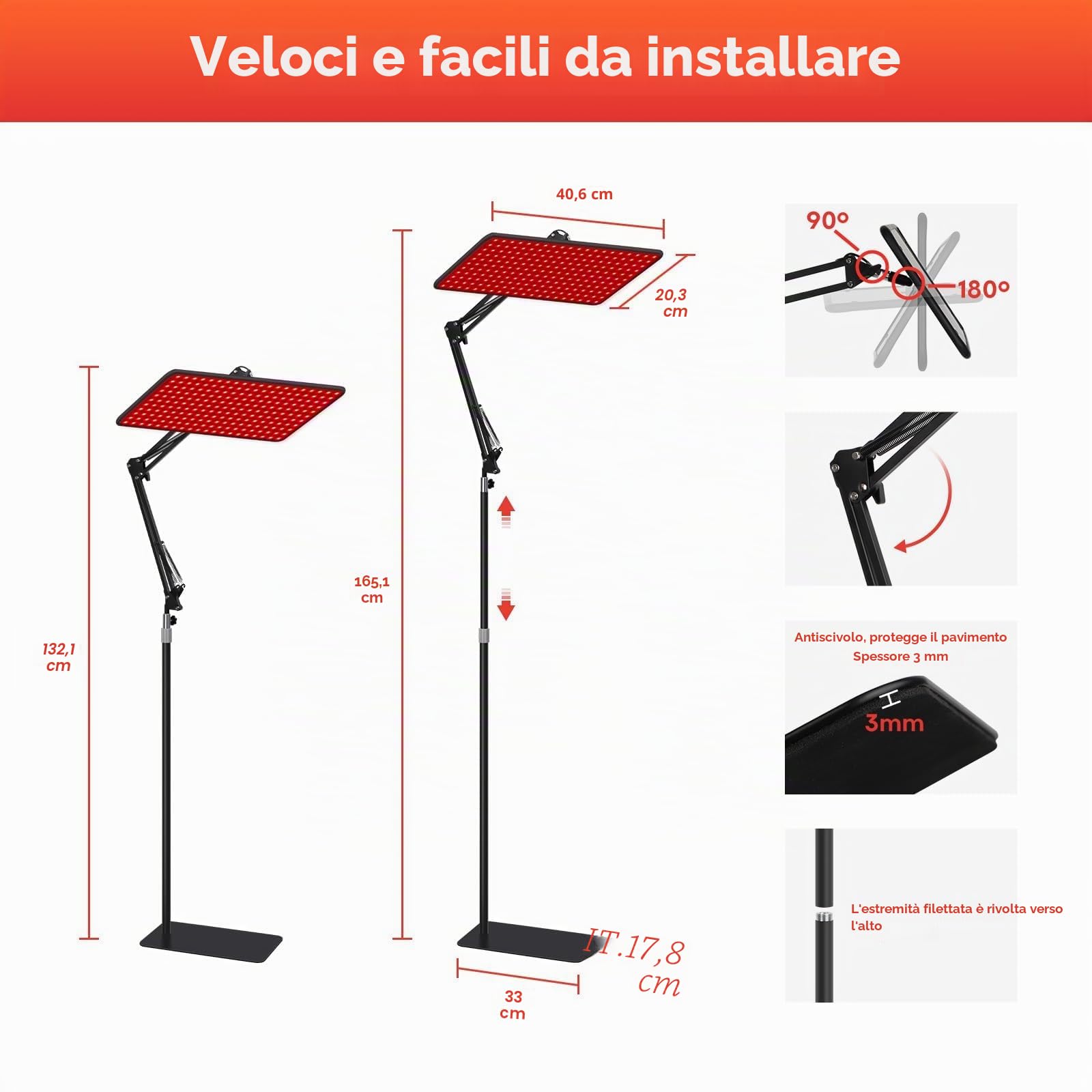 BEICHEN Lampada di terapia con luce rossa per il corpo e il viso, lampada di luminoterapia a infrarossi con supporto stabile, luce rossa 660 nm, pannello di luminoterapia a infrarossi 850 nm e 940