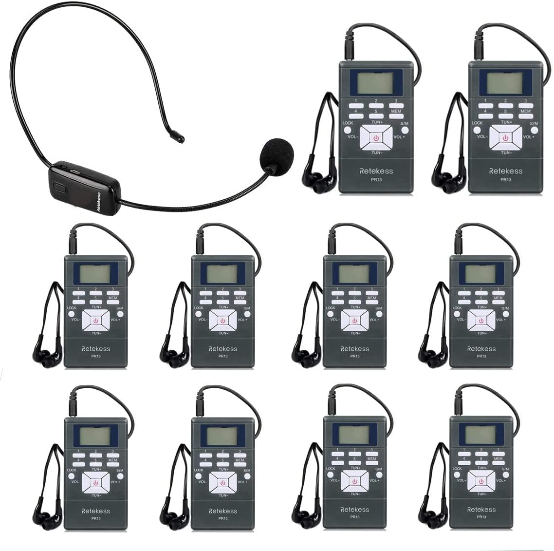 Church Translation System with 1 TR503 FM Transmitter Headset and 10 PR13 FM Radio Receivers, Listening System for Factory Museum School Church (1 Transmitter 10 Receivers)