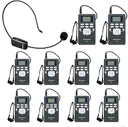 Retekess Sistema de tradução de igreja com 1 fone de ouvido transmissor FM TR503 e 10 receptores de rádio FM PR13, sistema de audição para igreja escolar e museu da fábrica (1 transmissor e 10