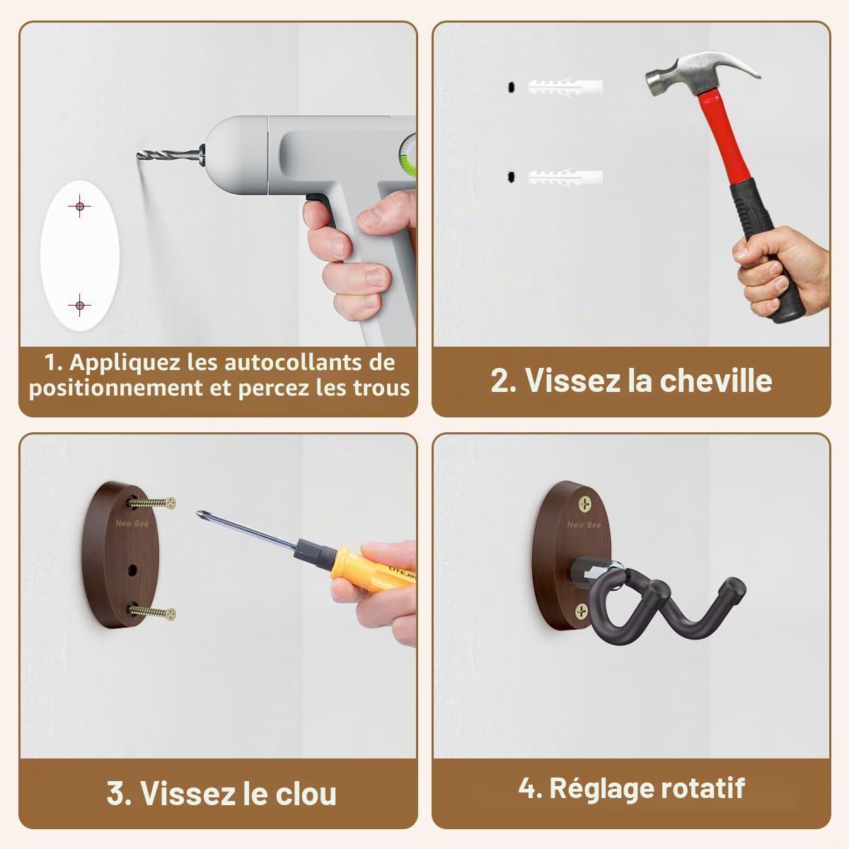 New Bee Support mural guitare,Support pour guitare,Support guitare mural porte crochet pour guitare acoustique électrique, ukulélé, basse