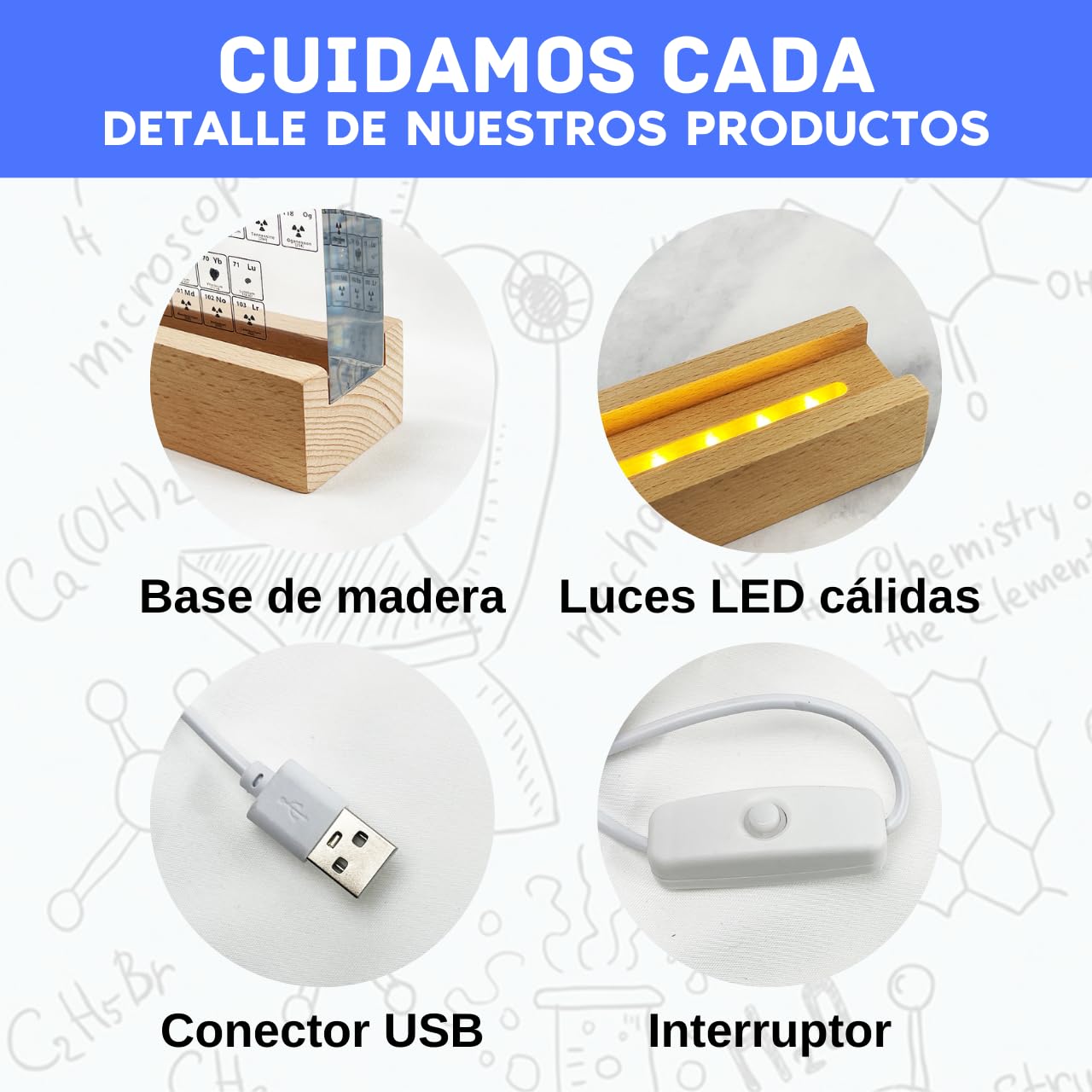 Tavola periodica con elementi reali e base in legno - Tavolo in resina trasparente e supporto in legno con luce LED a basso consumo - Regalo chimico per studenti, insegnanti, aule... (CON BASE)