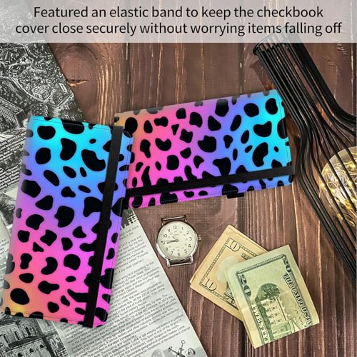 Image of FUYOCWE Leather Checkbook Covers for Men Women Check book Holder Cover Wallets for Personal Checkbook Duplicate Checks with RFID Blocking & Elastic Strap-Colorful Leopard Print
