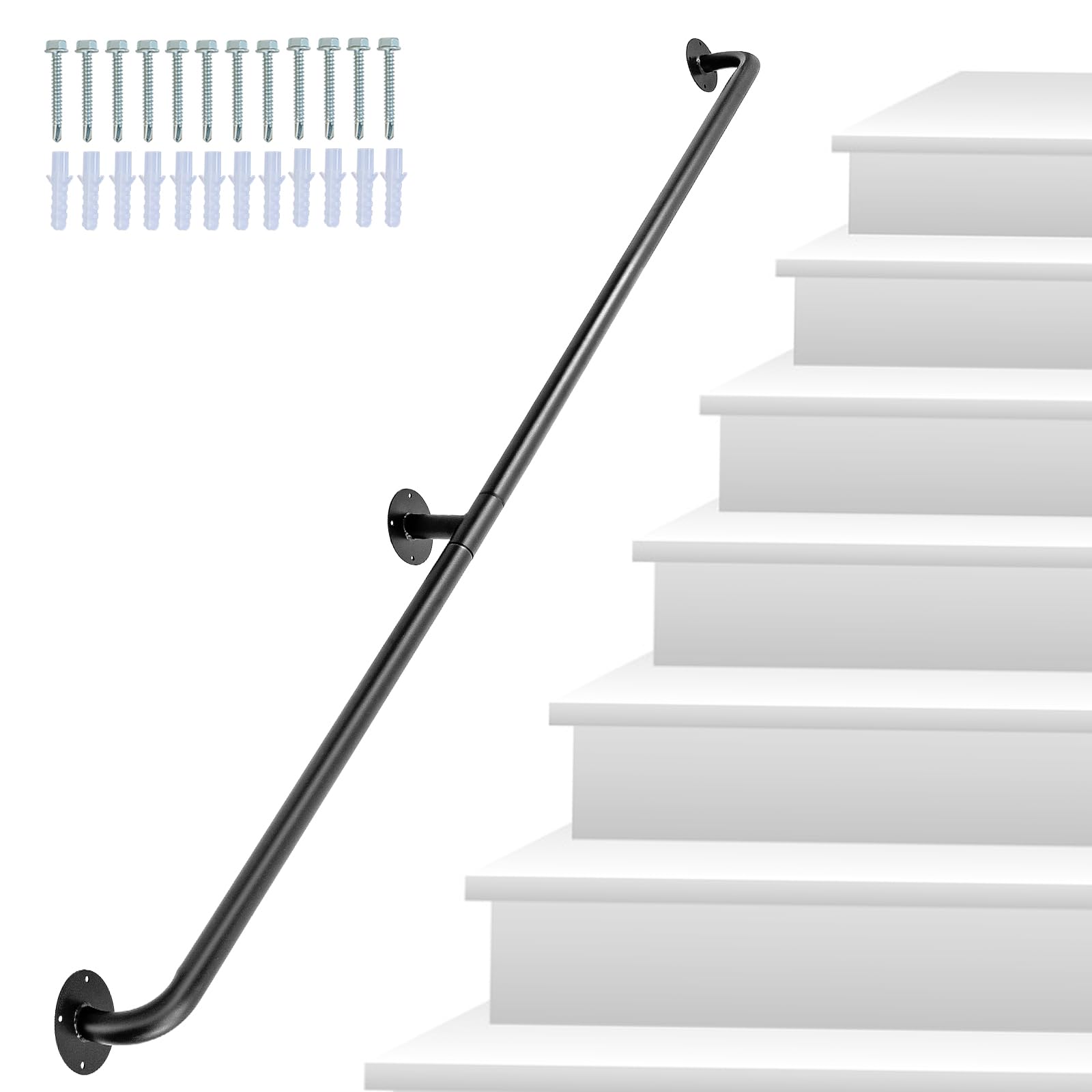 6FT Stair Railing, Black Handrail, Round Corner Wall Handrailings for Indoor, 440LBS Load Capacity Alloy Steel Pipe Handrail, Railing