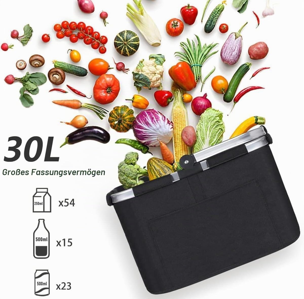 Diurwur® Tragekorb Faltbar 30L Einkaufskorb mit Deckel Groß Picknickkorb mit Gepolsterten Griffen Klappkorb Einkaufstasche mit Alurahmen Stabiler Korb - ideal für Reisen/Picknick/Einkaufen/Geschenk