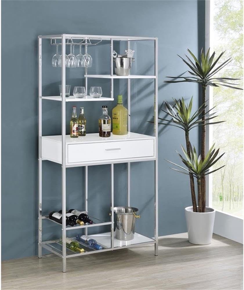 Pemberly Row 1-Drawer Contemporary Metal Bar Cabinet, 67" H x 31.5" W x 16.5" D, White Finish with Chrome Accents, Rectangular Frame, 6 Shelves, Modern Home Bar Storage for Hosting and Serving