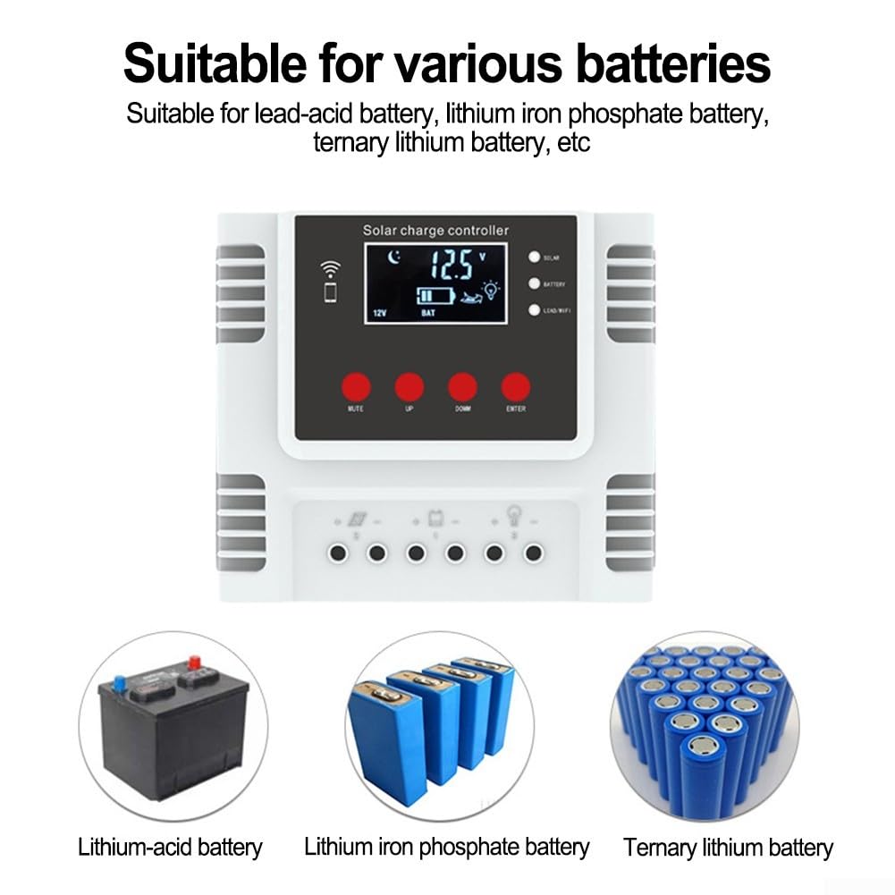Controlador de carga solar de 30 A, 40 A, 50 A, 60 A, para PWM con pantalla LCD, control de aplicación, USB dual para batería de ácido de litio LiFePO4, sistema fuera de la red, color blanco (30 A)
