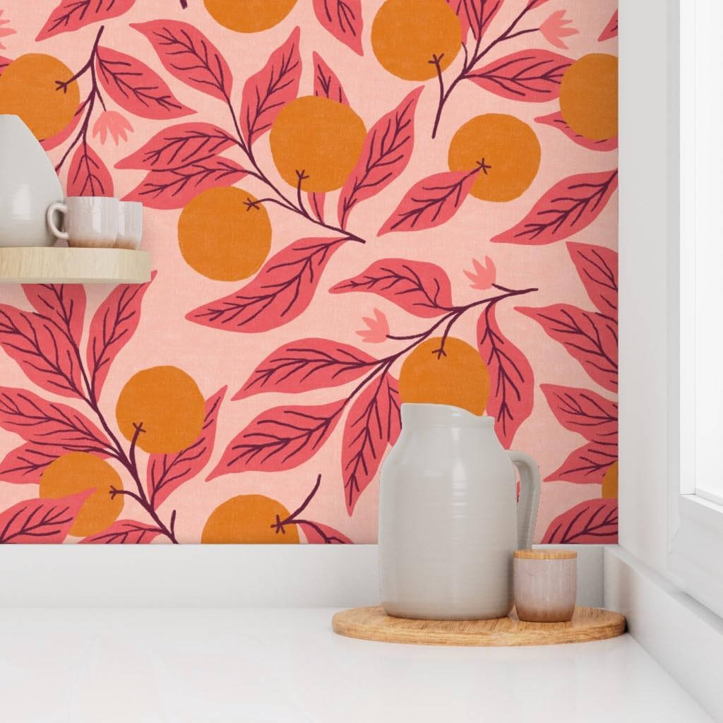 Peel & Stick Wallpaper 12ft x 2ft - Oranges Fruit Pink Citrus Bohemian Orchard Boho Summer Feminine Custom Removable Wallpaper by Spoonflower