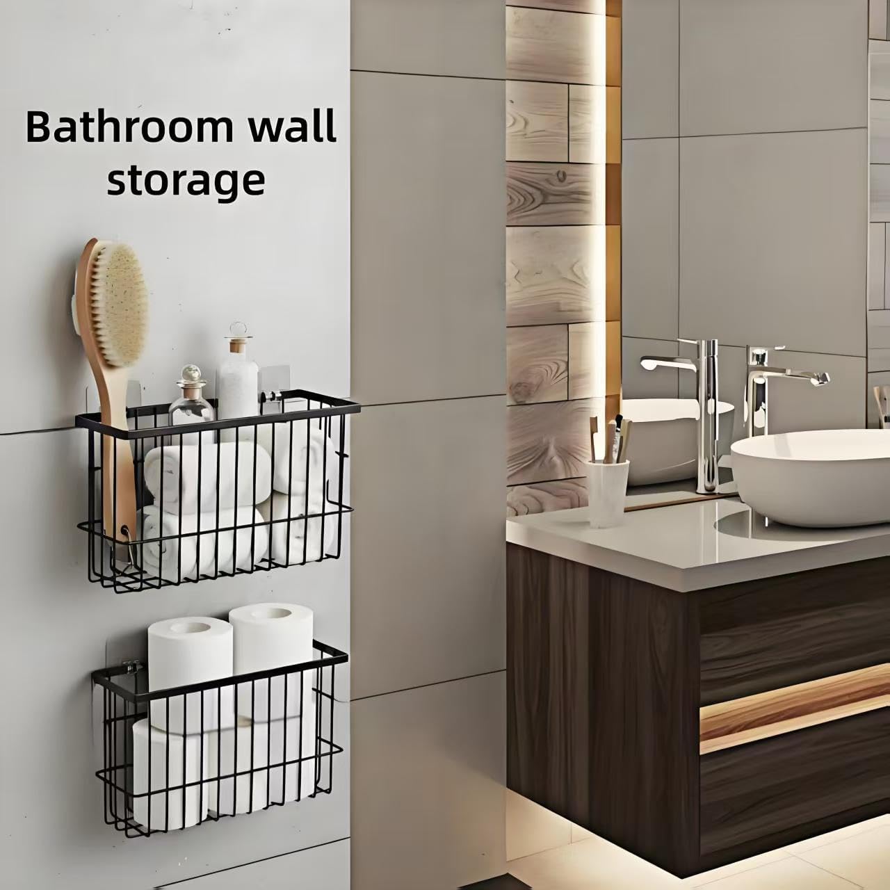 2 Pack Adhesive Cabinet Door Organizer, No Drilling Required, Hanging Storage Basket Organizer Wall Mounted Pantry, for Kitchen, Fridge, Bathroom (Black)