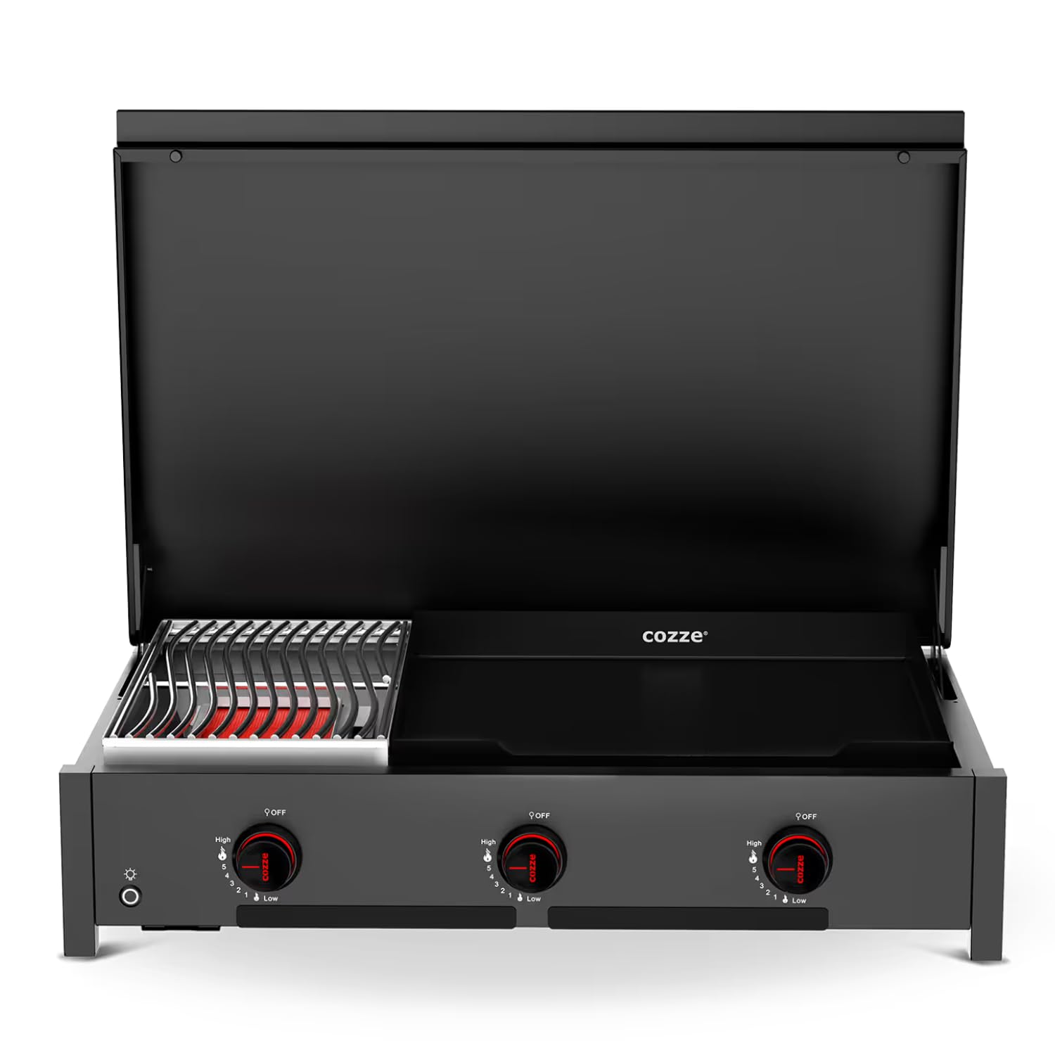 Cozze® Combo 900 – 2-en-1 Barbecue Gaz avec Plancha & Grill Viande | Station Cuisine 7,5kW avec Brûleur Infrarouge, Grande Plancha Fonte Émaillée 53cm, Allumage Rapide & Boutons Lumineux LED