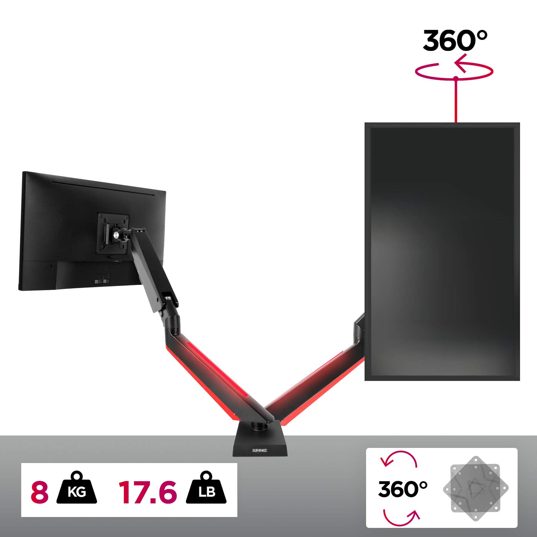 Duronic DMGM5X1 Supporto Monitor per Monitor da 15"-32" | Supporto da scrivania con luci LED Rosse Integrate, Altezza Regolabile e orientabile, capacità 8 kg, VESA 75/100