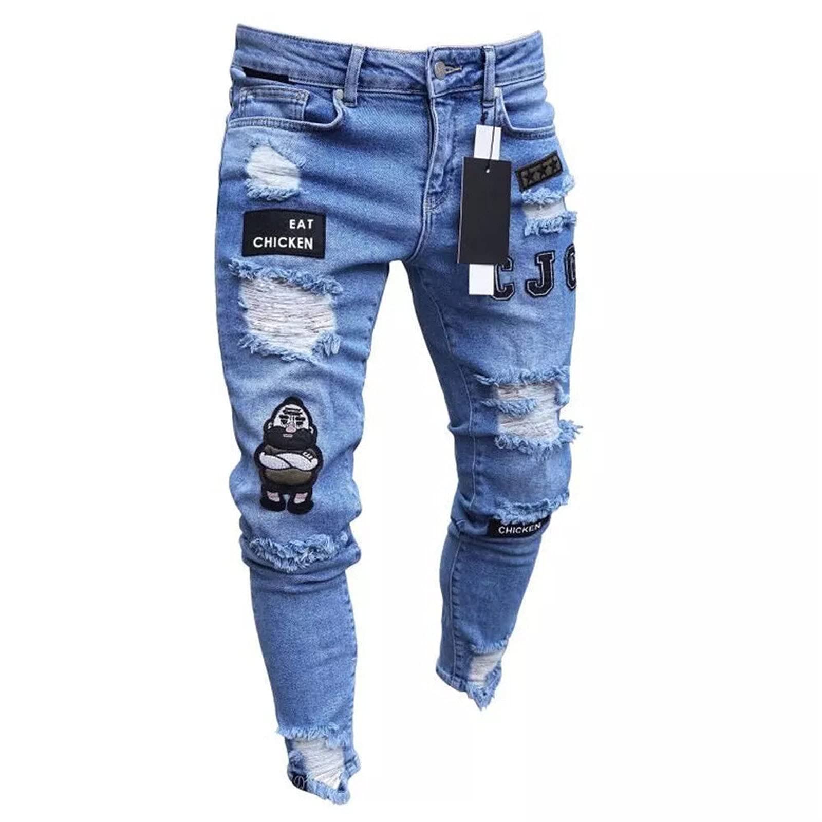 Männer Jeans Männer Stretchy Ripping Biker Stickerei Drucken Jeans Hole Slim Fit Denim Kratzt Hochwertige Denim Hosen