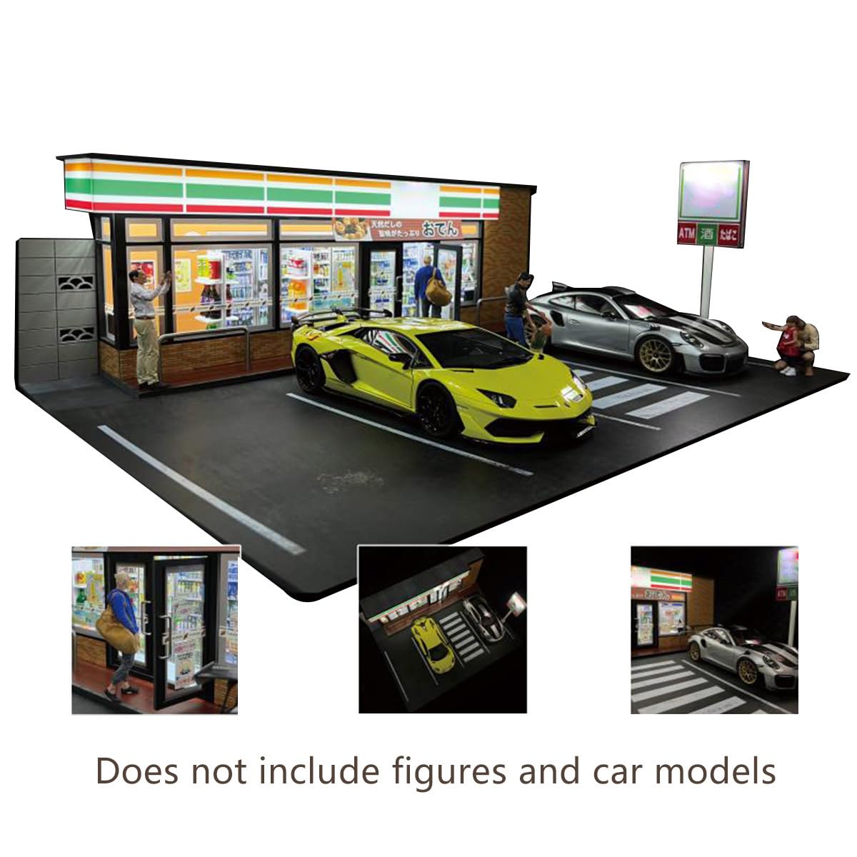1:18 Japanisches 7-Eleven Convenience Store Modell, realistische Miniatur-Szene mit USB-LED-Beleuchtung & vier Parkplätzen, Druckguss-Auto-Display-Hintergrund