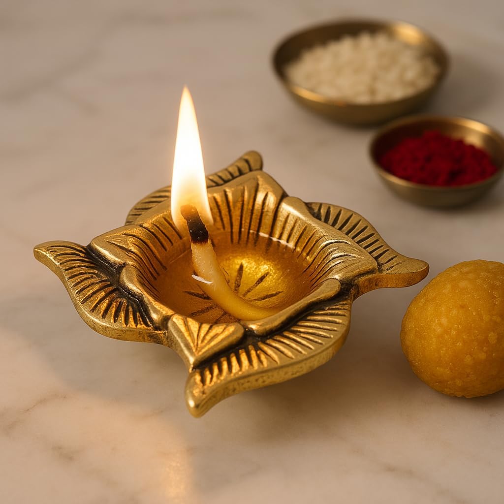 Indian Shelf Handmade Swastik Brass Oil Lamp for Inaugration Traditional Festival Deepak Pital God Idol Deep (Size: 2.2cm) BOL-320