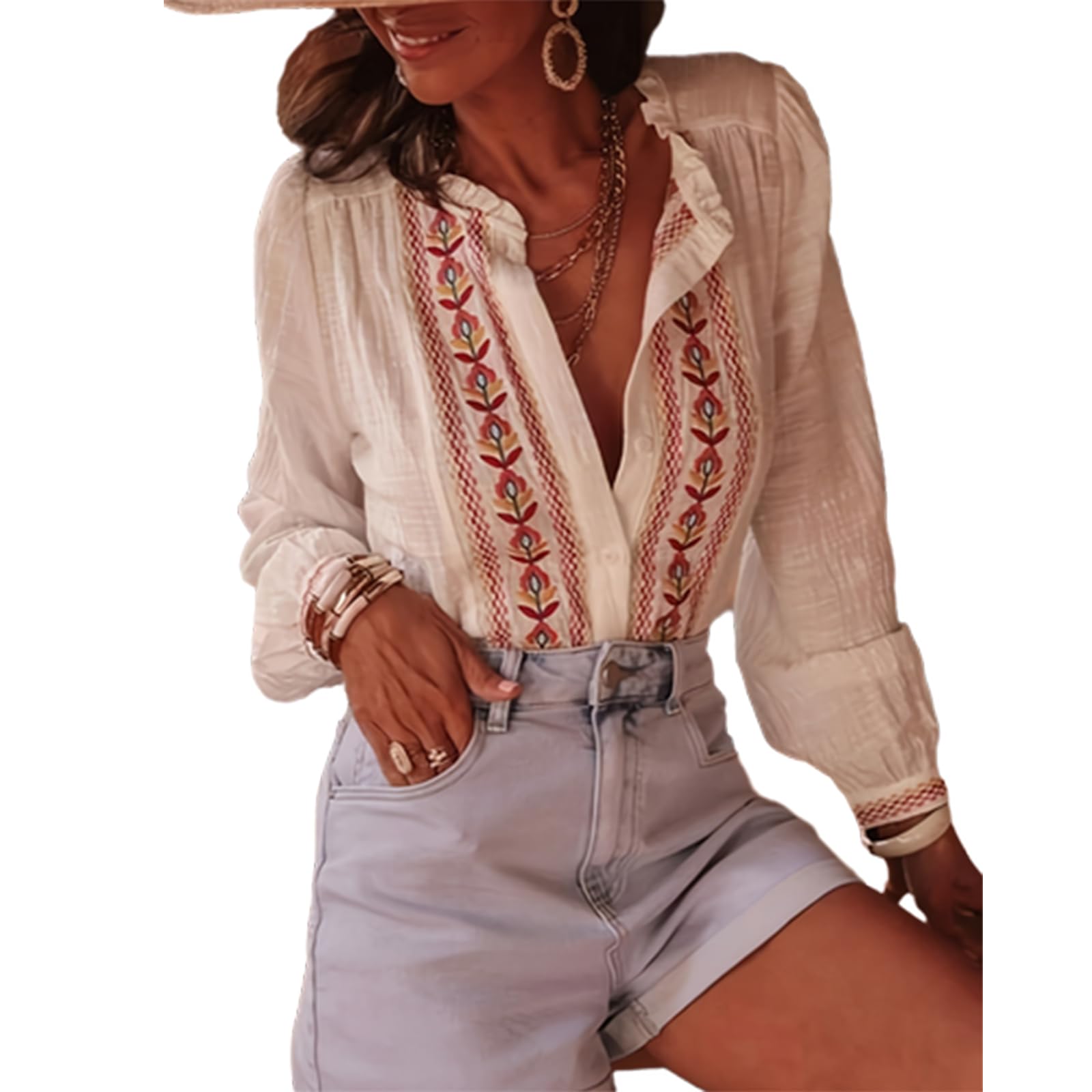Chemises Boutonnées pour Femmes À Fleurs Vintage avec Broderie Manches Évasées Longues Blouse Décontractée Boho pour Vacances