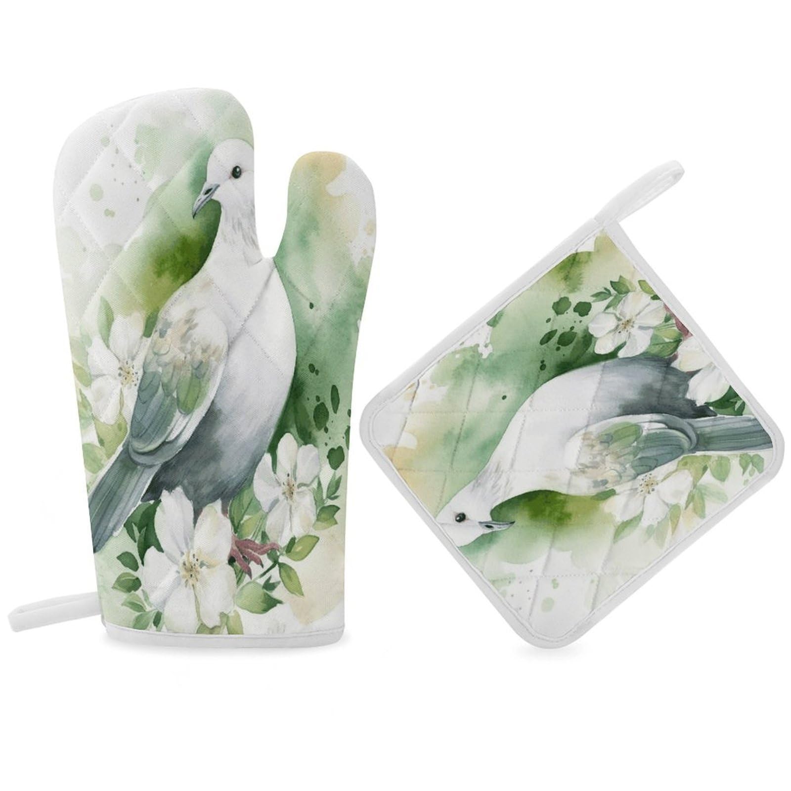 Fodpand Women's Style Dove With A Flower Oven Mitts And Pot Holders Sets,Oven Gloves For Kitchen Oven Mitts And Potholders For Baking Cooking Grilling Apartment Essentials