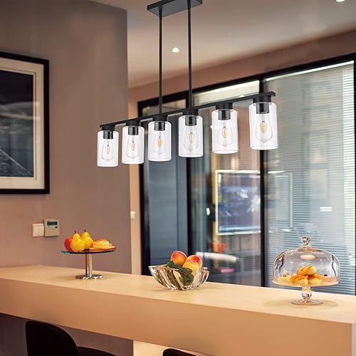 Miniatura 6 de Moderno candelabro lineal de granja, lámpara colgante de isla de cocina de níquel de 6 luces con pantalla de vidrio para comedor, vestíbulo, bar,