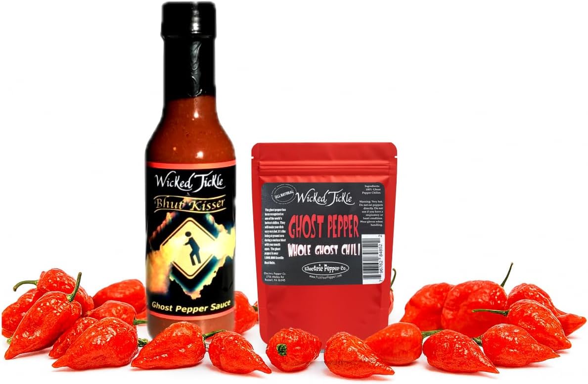 - Wicked Tickle Bhut Kisser Hot Sauce + 7 Whole Ghost Peppers Gift Set