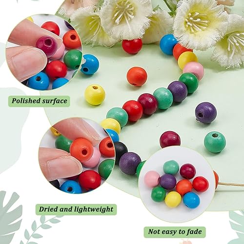 Miniatura 5 de PH PandaHall 250 cuentas de madera de colores de 0.394 pulgadas (0.394 in), cuentas de madera teñidas, 10 colores con agujero grande, cuentas