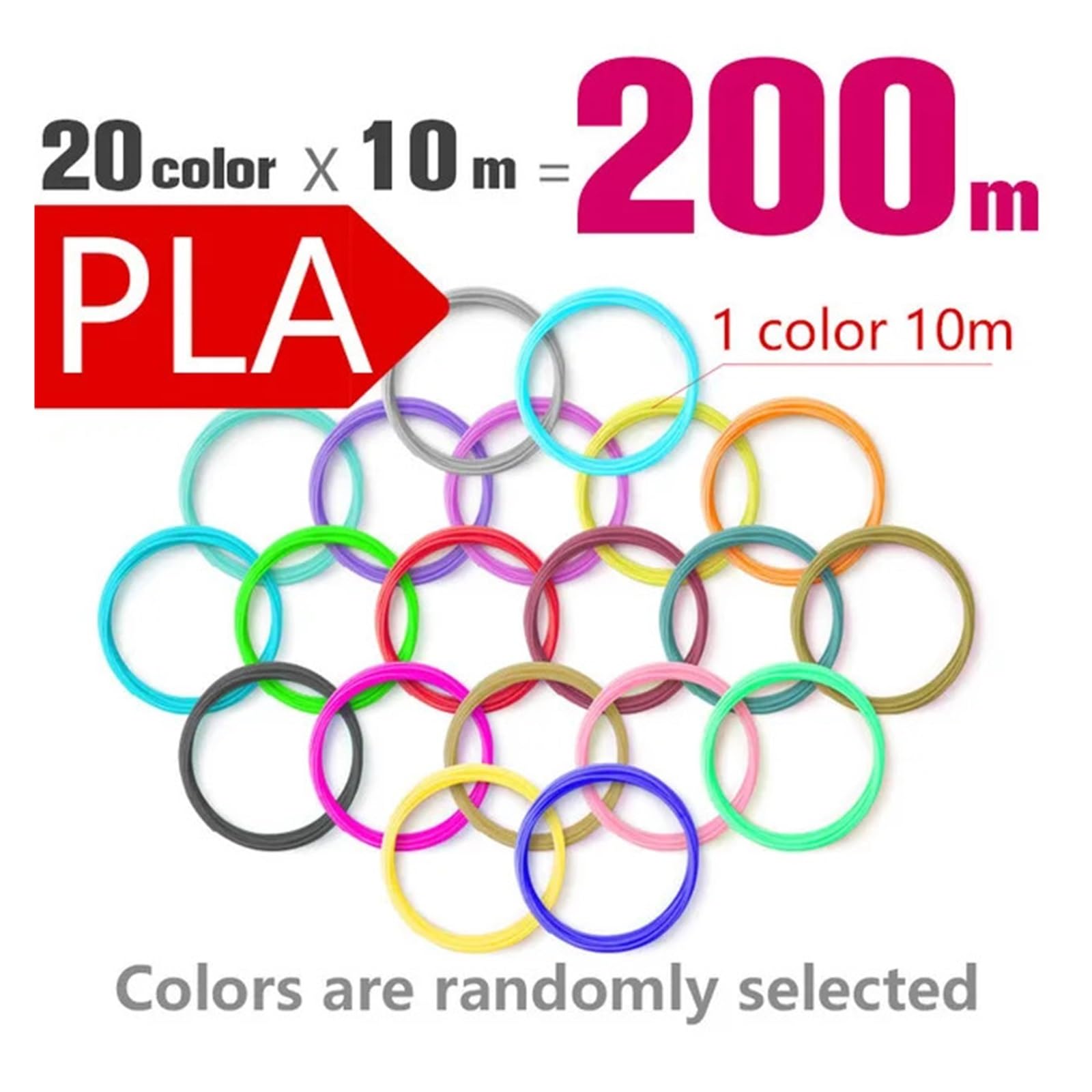 PLA/ABS-Filament for 3D-Stift, 3D-Druckstiftmaterial, 10/20 Rollen, 50 m/100 m/200 m, 1,75 mm, Kunststofffilament, geruchsneutral, for 3D-Bleistift(PLA 20 colorsx10M)