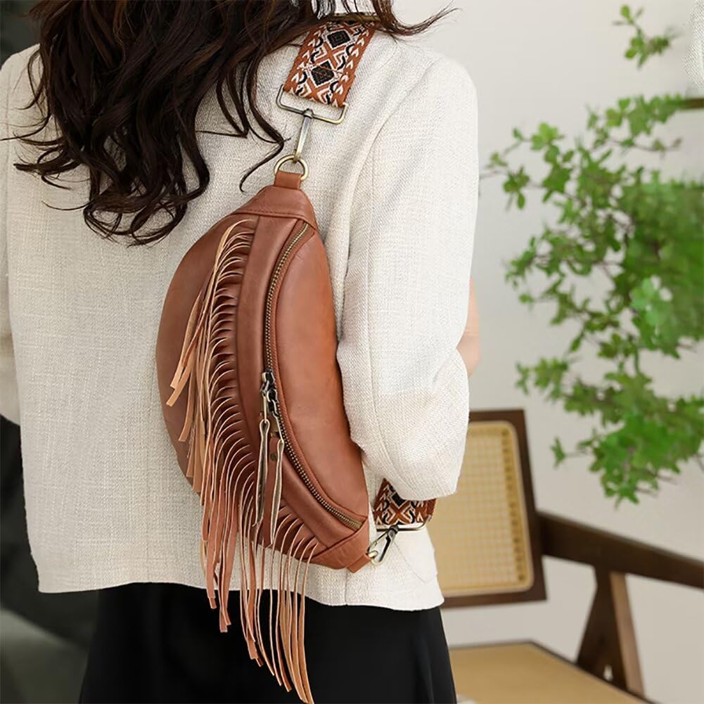 Sling Crossbody Bag for Women Vintage Hobo Bag Leather Chest Bag Fringe Shoulder Handbag Fanny Pack with Guitar Strap - Image 2