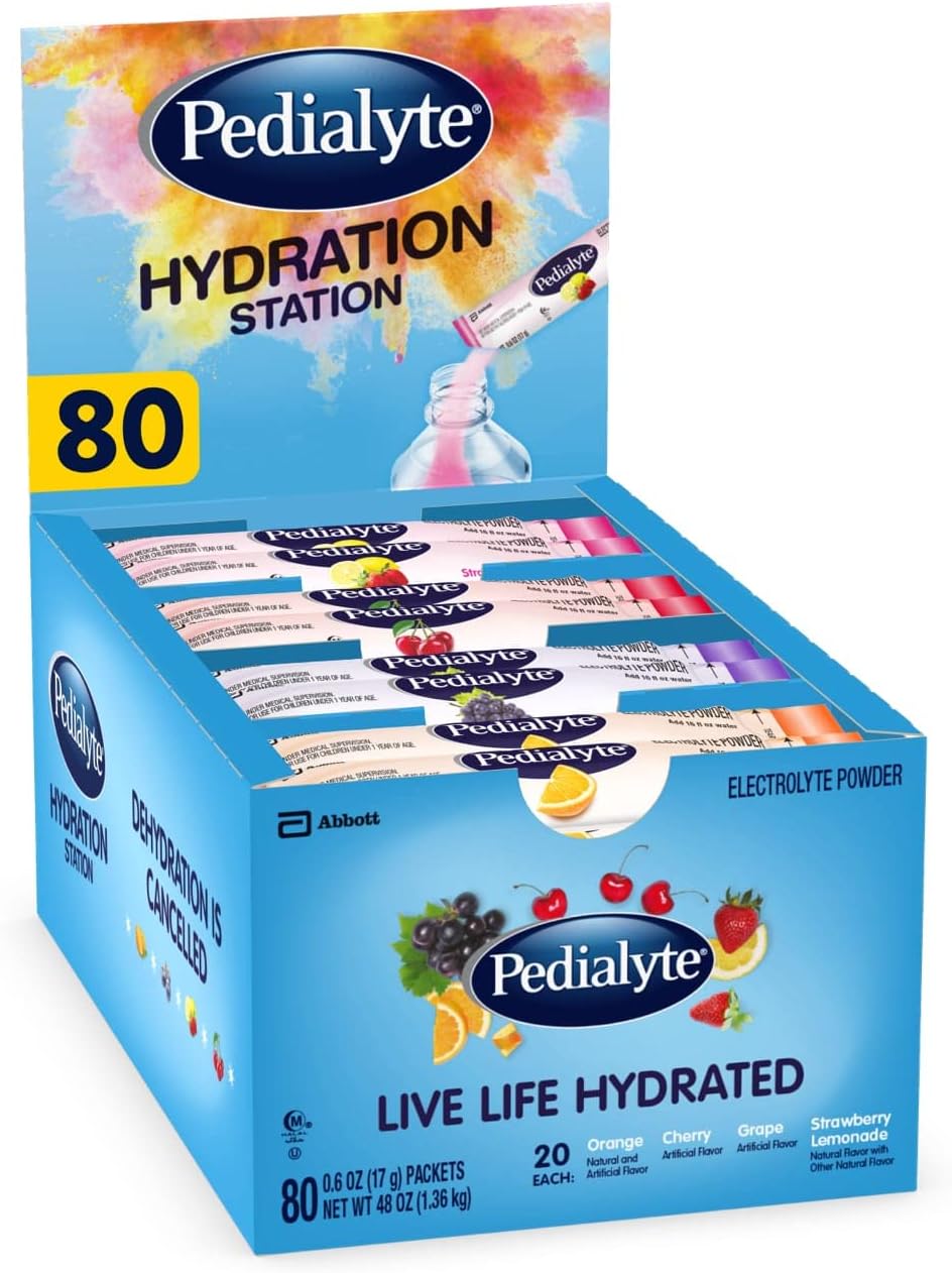 Pedialyte Electrolyte Powder, Hydration Drink for Kids & Adults, Hydration Station Variety Pack: Grape, Strawberry Lemonade, Orange, and Cherry, 80 Powder Packets