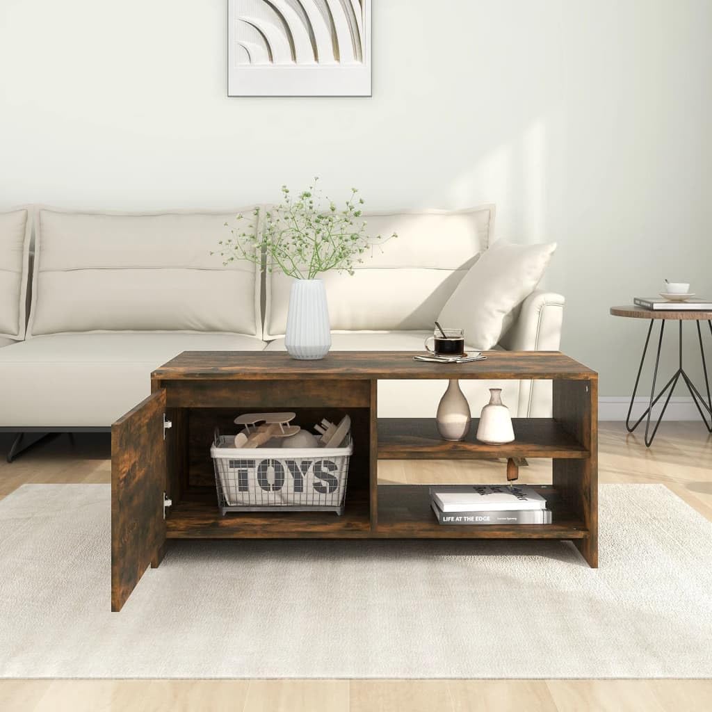 Mesa de centro de roble ahumado, 102 x 50 x 45 cm, de material de madera, moderna mesa de salón con espacio de almacenamiento, estantes, puerta, duradera, fácil de limpiar, ideal para salón