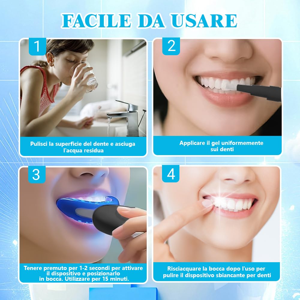 Kit Sbiancante Denti Professionale con Lampada 16 LED Blu,Quattro Penne Gel Sbiancante,Elimina le Macchie in 16 Minuti,con Applicazione Semplice e Veloce,Sicuro per lo Smalto