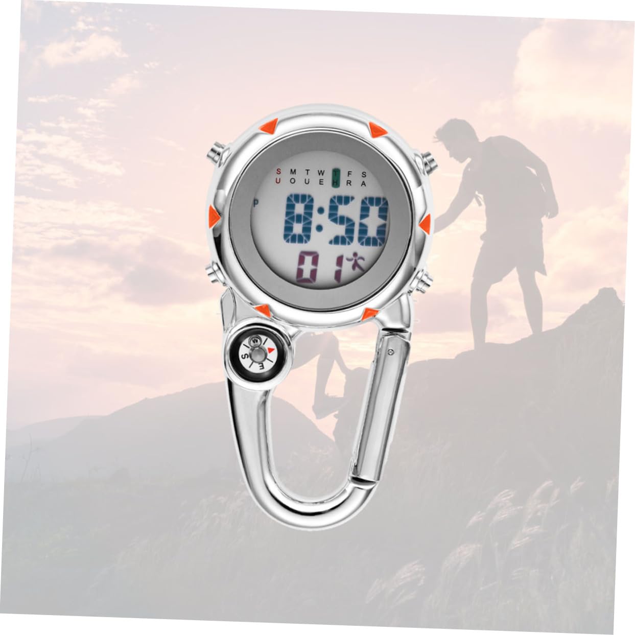Abaodam Bergsteiger Hakenhangtisch Uhr aus Edelstahl Clip-Quarzuhr Karabiner Uhr auf Outdoor achten Rucksackuhr beim Klettern aufpassen Rostfreier Stahl Orange